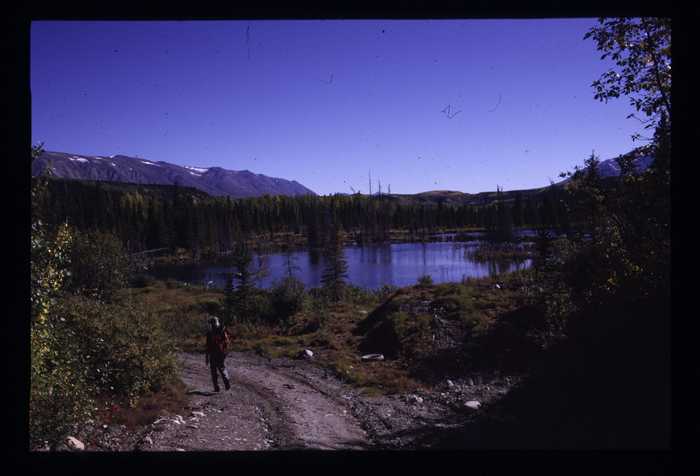 hiker by pond